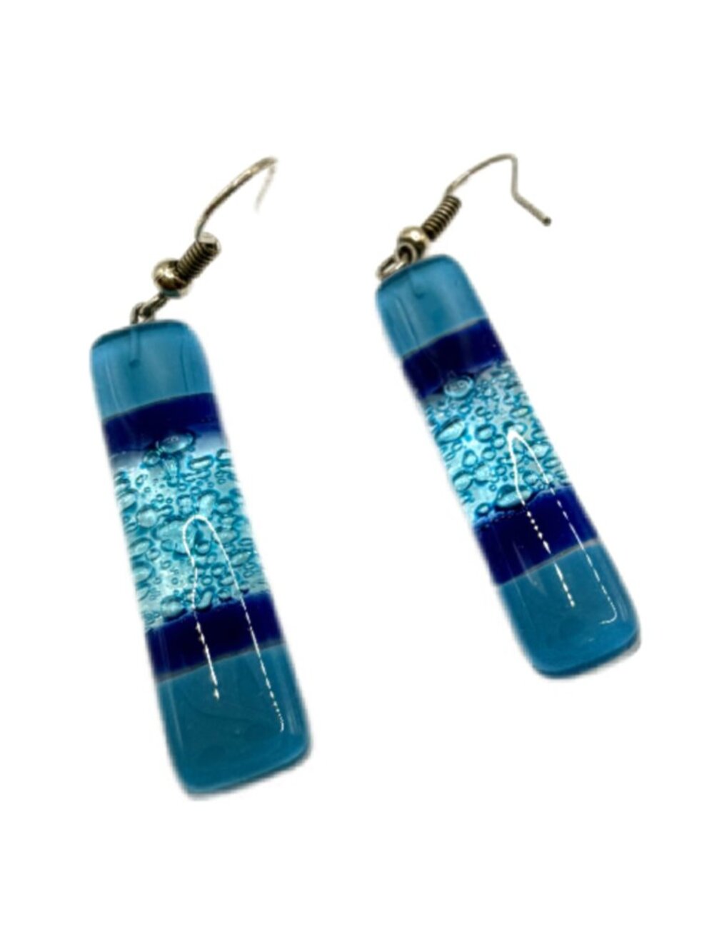 Artisan Fused Glass Dangle Earrings Blue Aqua with Bubbles, Rectangle Handmade